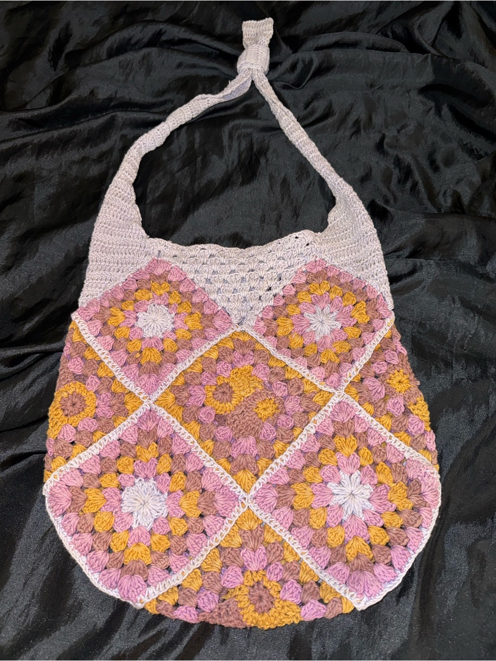 Handmade Crochet Granny Square Hobo Bag Pink Yellow Boho Festival Tote Bag